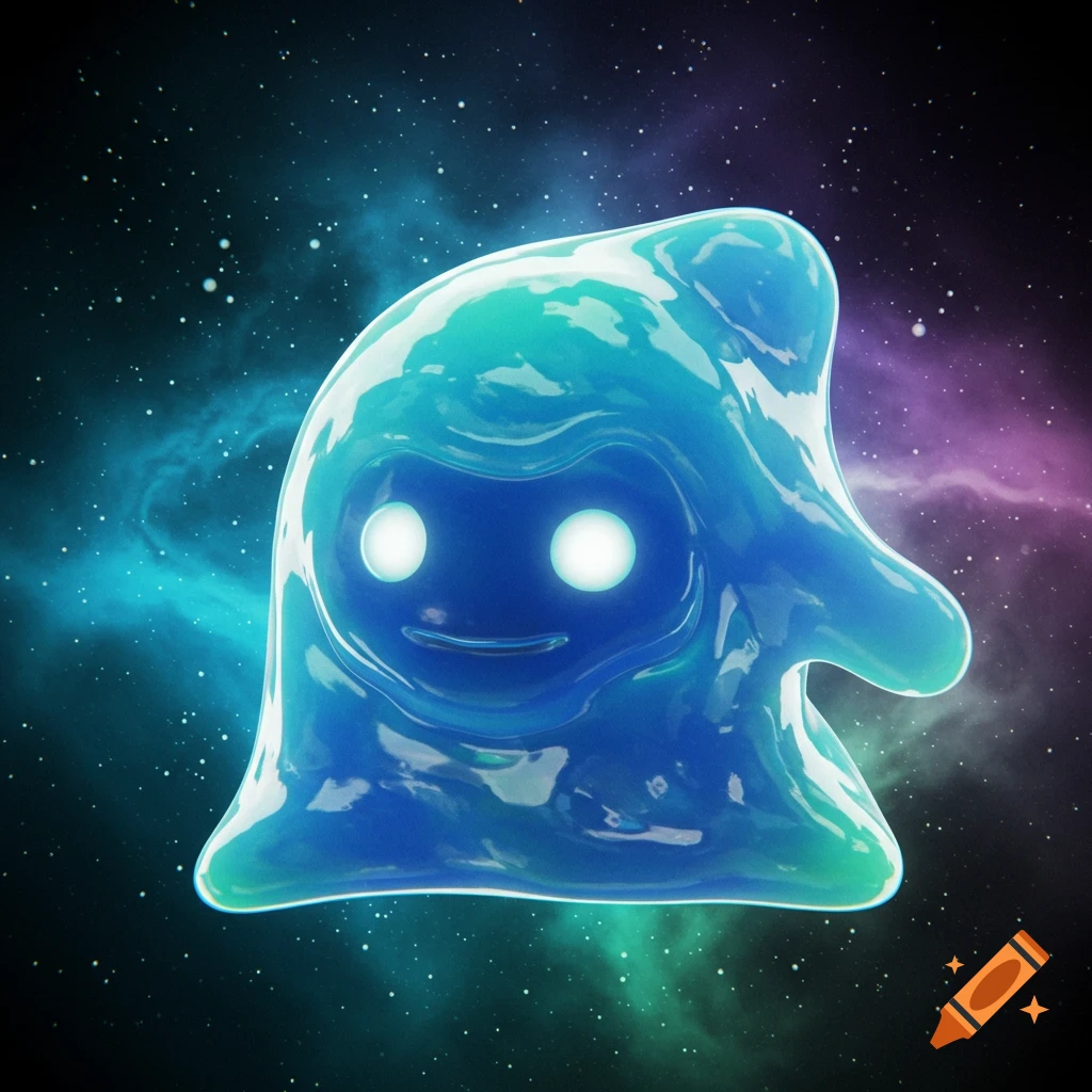 A shiny blue gelatinous creature with glowing eyes and a smile floats in a colorful starry galaxy.