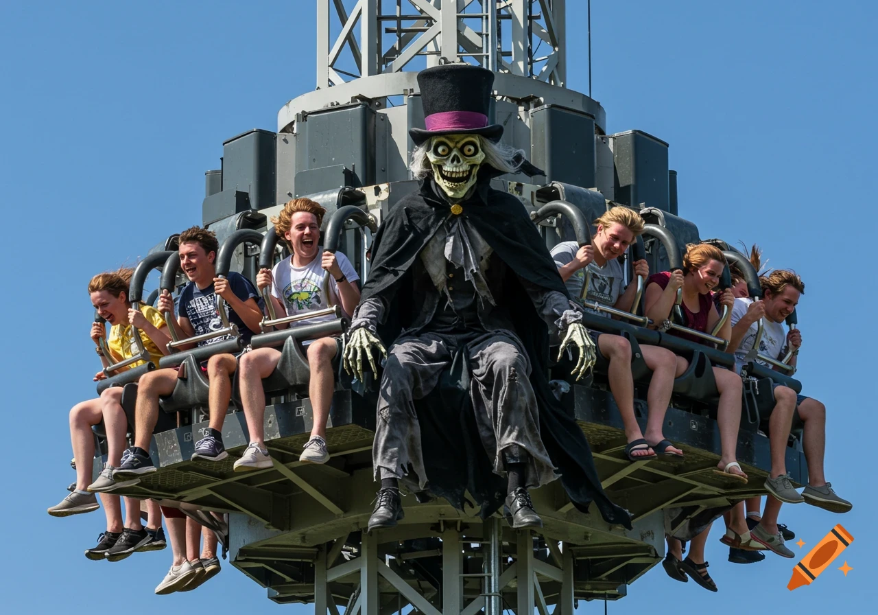 People scream and laugh on a drop tower ride at an amusement park, sitting alongside a spooky skeletal Hatbox Ghost in a top hat and cape.