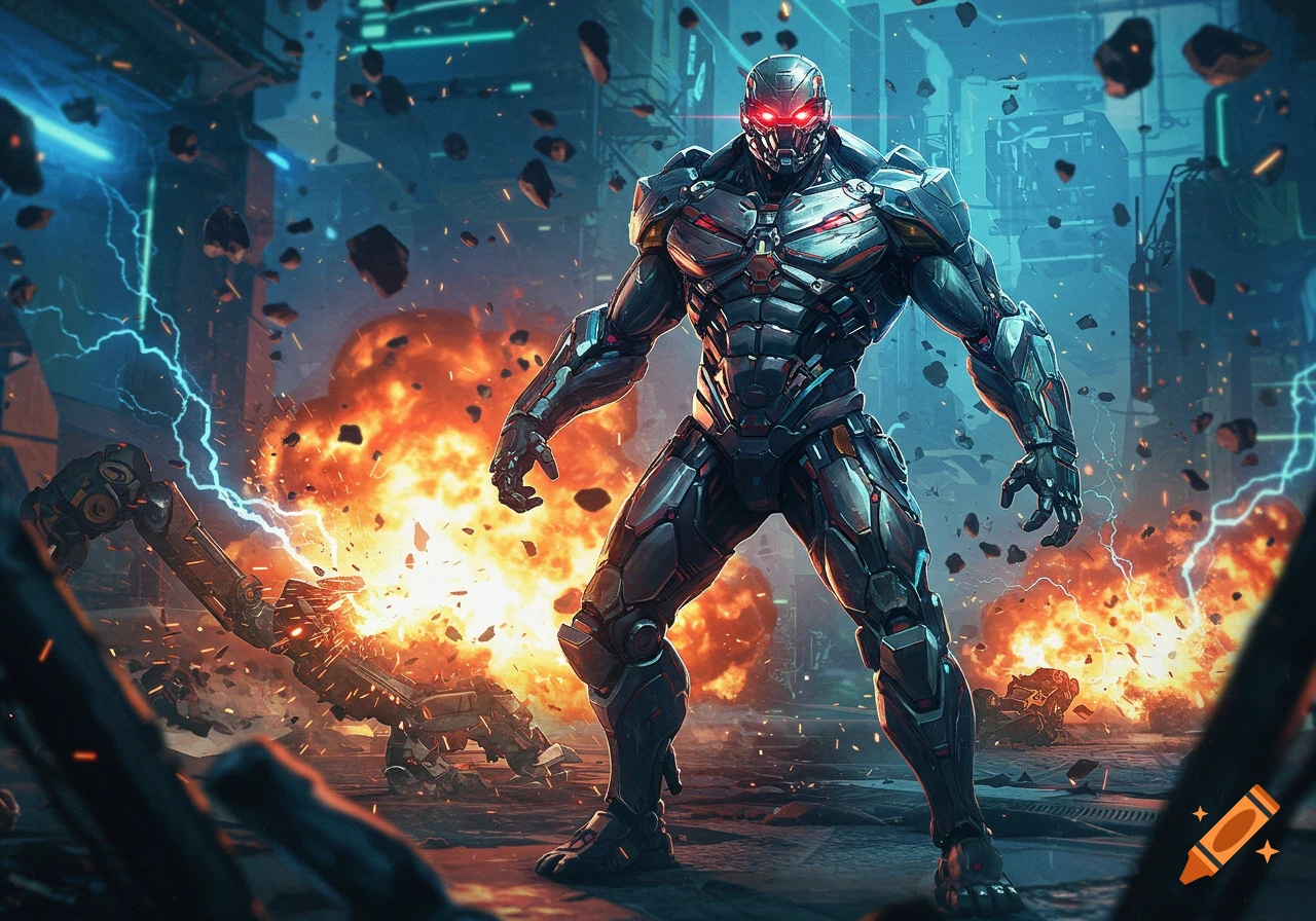 A powerful, armored humanoid robot with glowing red eyes stands amidst explosions and debris in a futuristic battleground.