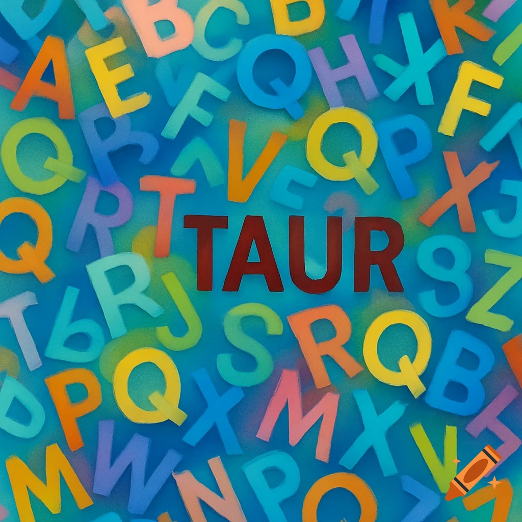 Colorful jumbled letters on a blue background, with the word "TAUR" visible in red in the center.