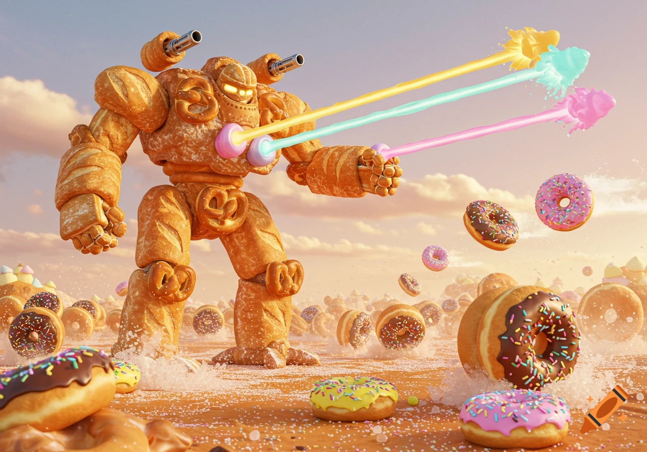 A whimsical bread-made battlemech fires colorful icing lasers at an army of donuts in a surreal, dessert-filled landscape.