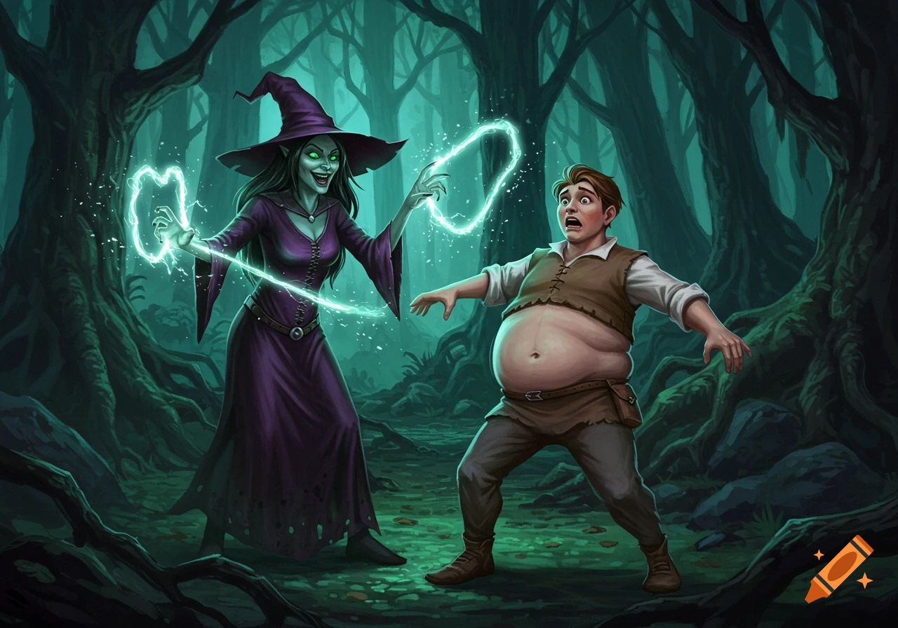 A cackling witch casts a spell on a frightened man, making his belly inflate, in a dark fantasy forest illustration.