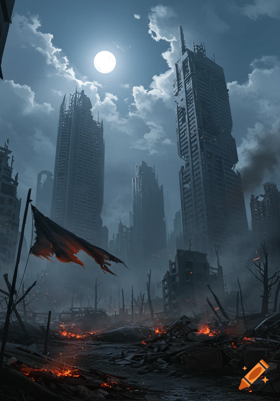Moonlit night scene of a destroyed city with towering, crumbling skyscrapers and fires burning in the rubble.
