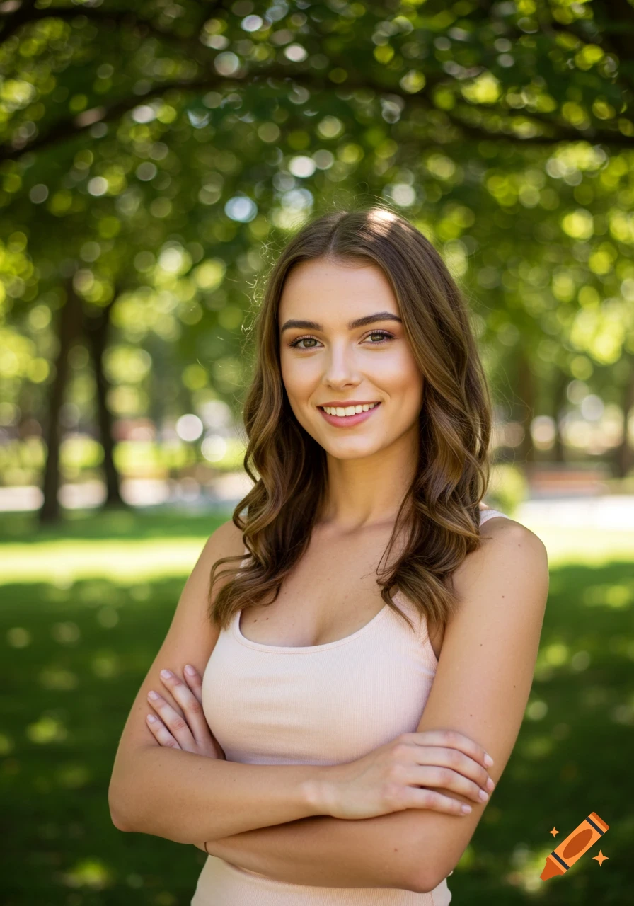 A young woman smiling with crossed arms in a tank top, standing in a sunny park with green trees, photorealistic.