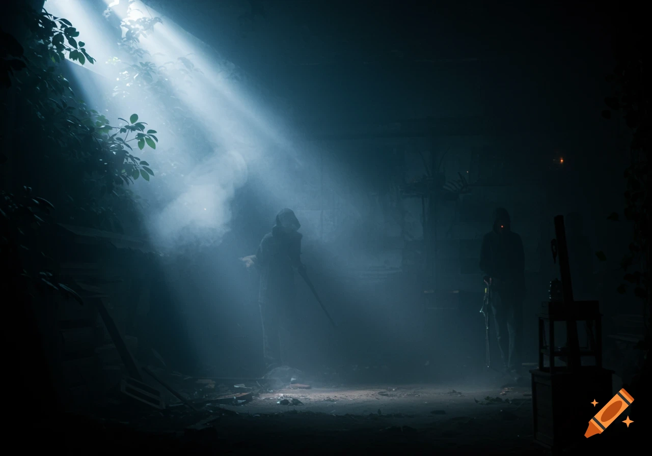 Two shadowy figures stand in a dark, smoky room illuminated by strong beams of light from the upper left.