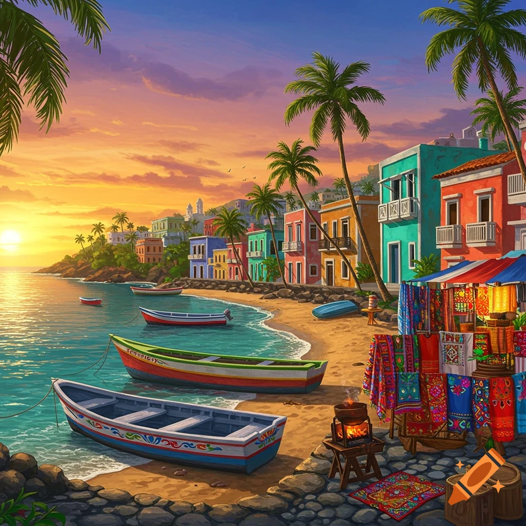 A vibrant, colorful illustration of a tropical beach at sunset, with traditional boats on the turquoise water and multi-colored buildings lining the sandy shore. Palm trees frame the scene, and a market stall with patterned fabrics is visible on the right.