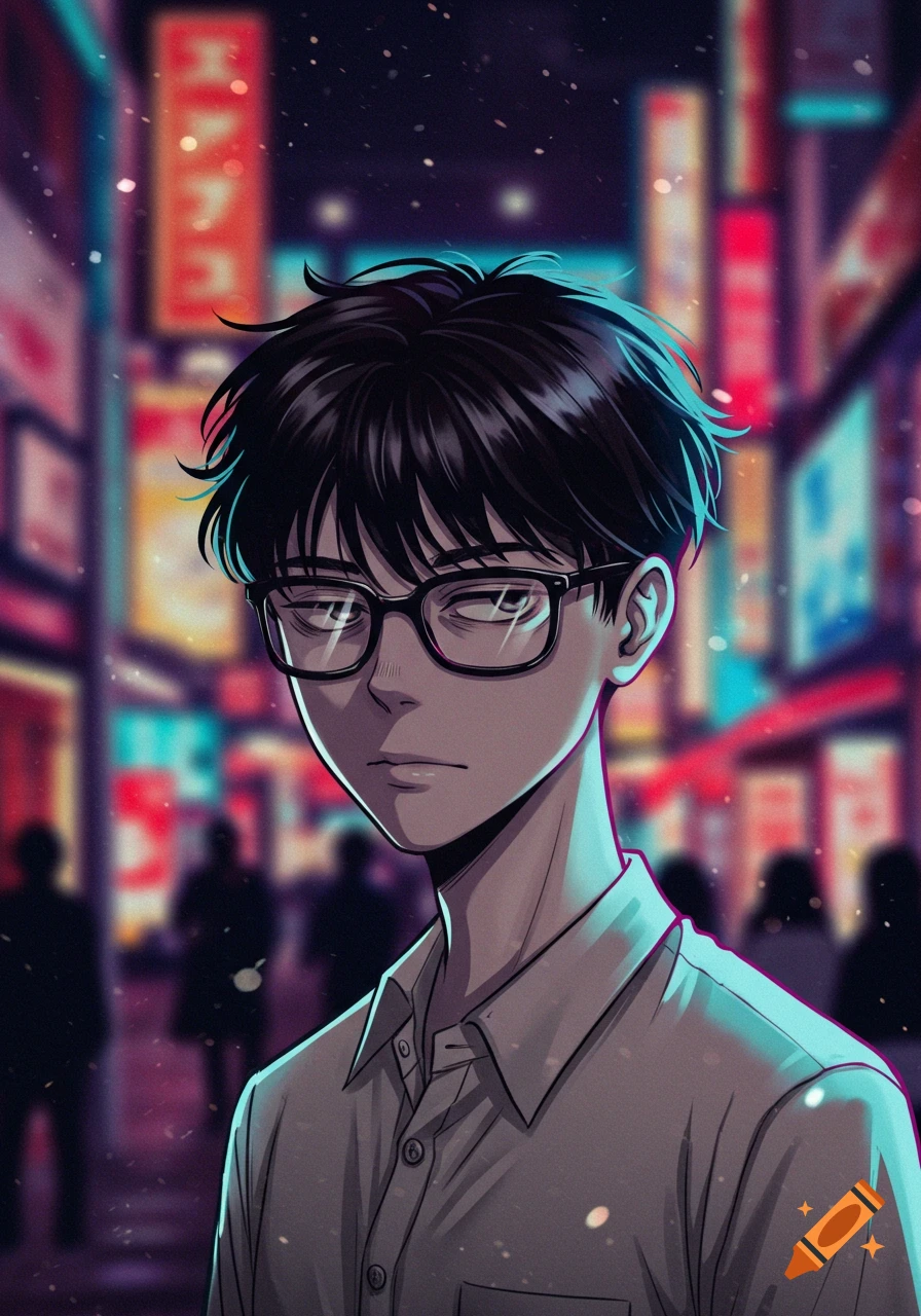 An anime guy with black hair and glasses looks bored on a neon-lit city street at night.