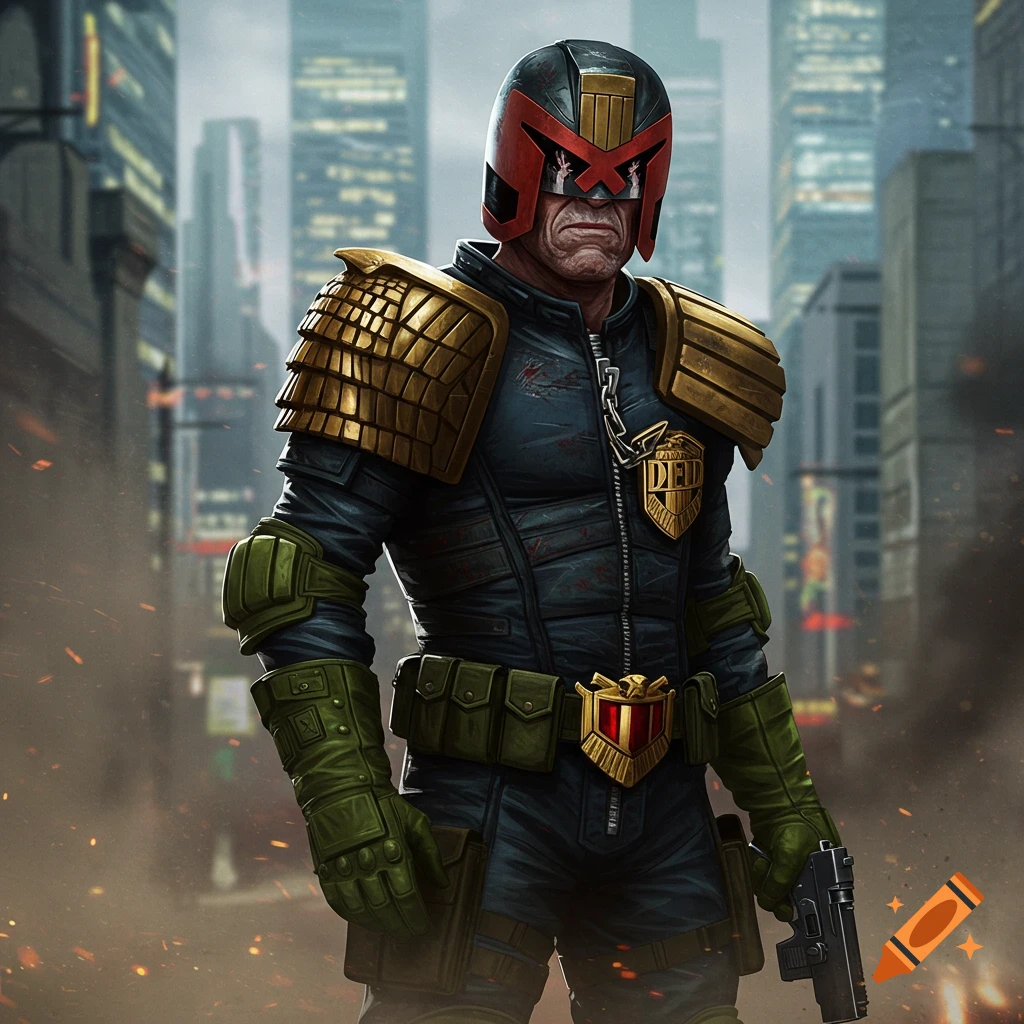 An illustration of Judge Dredd standing in a gritty, futuristic city, wearing his signature helmet, armor, and holding a gun.