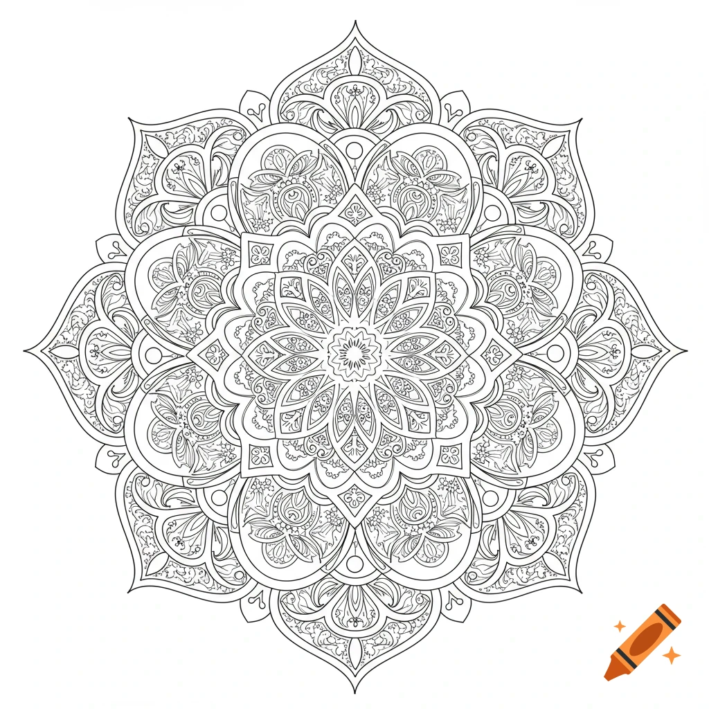 A highly detailed, symmetrical black and white mandala line art illustration, ideal for coloring.