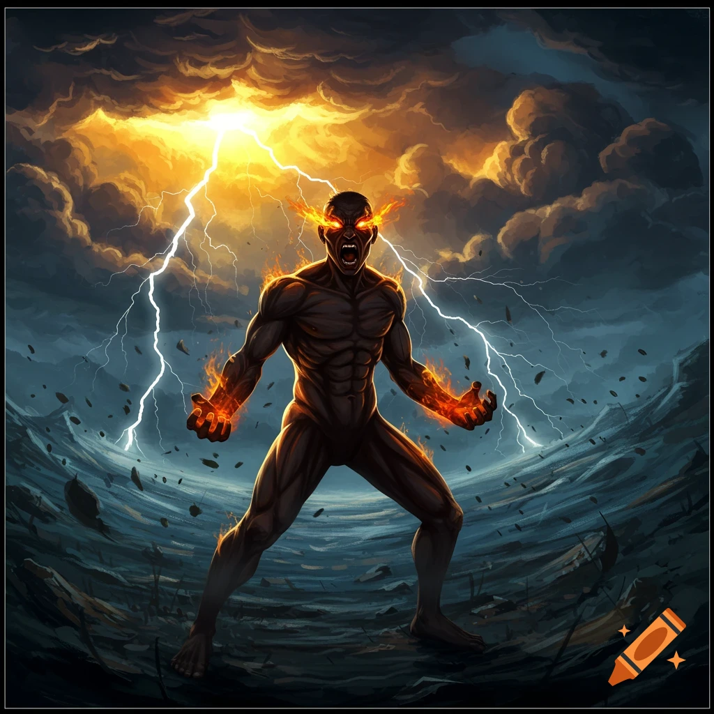 An enraged, muscular figure with fiery eyes and hands stands amidst a stormy landscape with lightning striking from dark clouds, digital art.