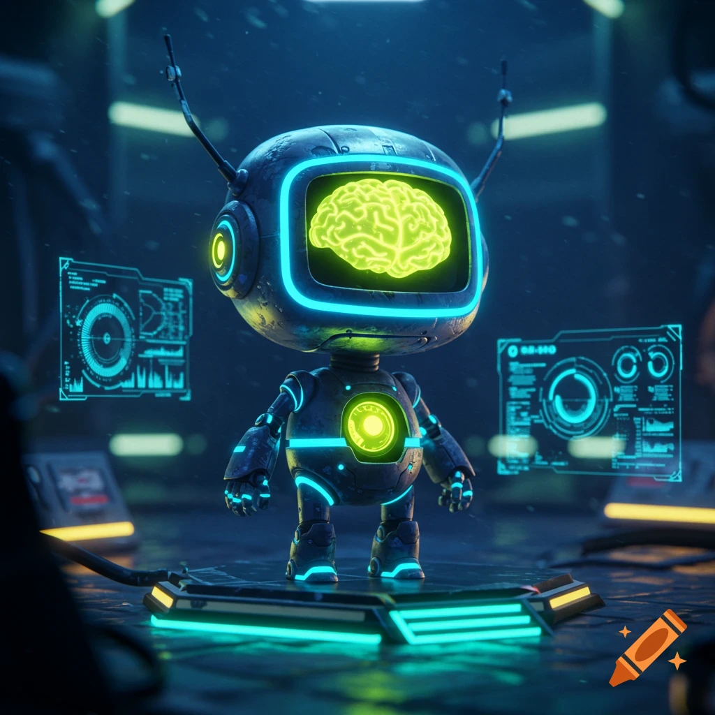 A cute dark robot with a screen head displaying a glowing green brain, illuminated by blue and yellow neon lights in a futuristic setting.
