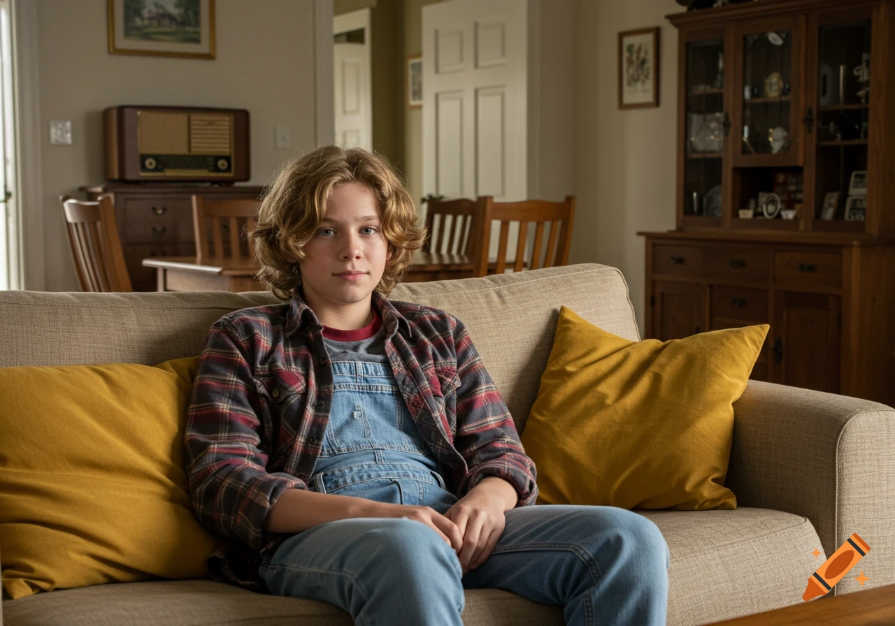 A young boy with wavy blond hair in a plaid shirt and overalls sits on a beige sofa with yellow cushions in a cozy living room.