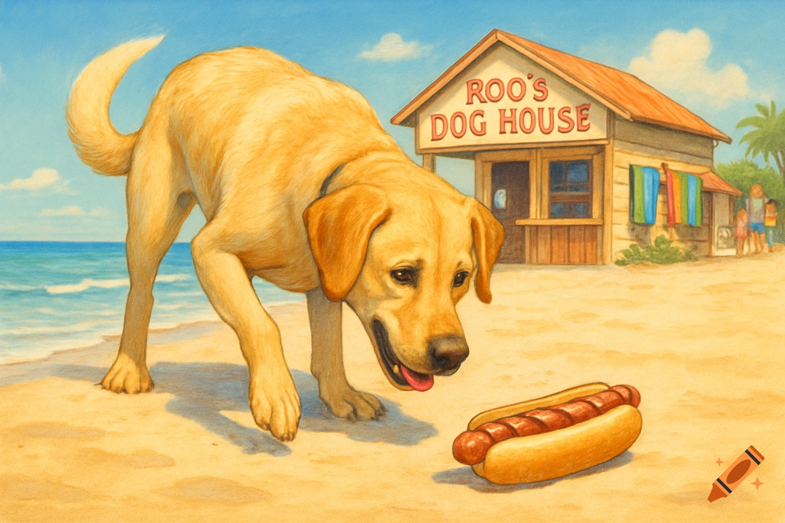 Illustration of a golden Labrador retriever sniffing a hot dog on a sandy beach, with "Roo's Dog House" stand and ocean in the background.