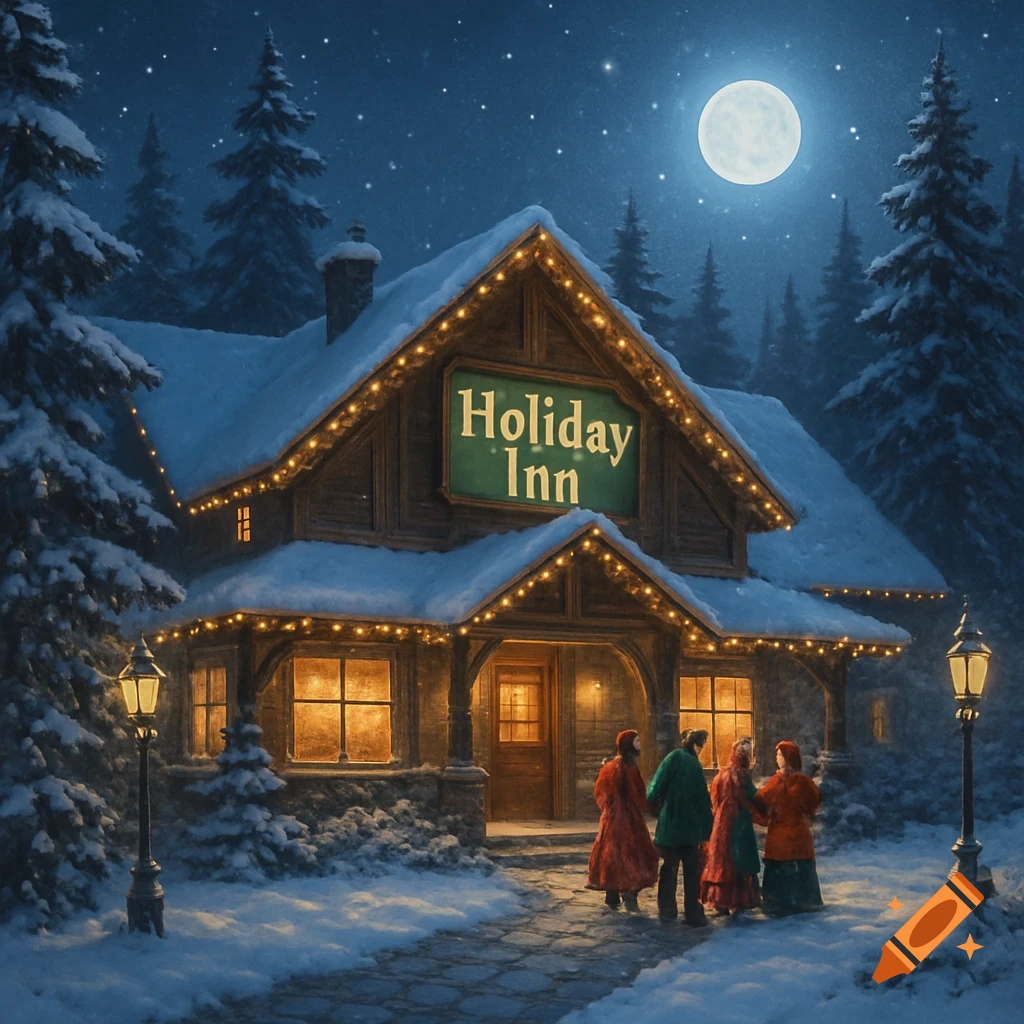 Snowy Holiday Inn lodge lit with string lights under a full moon, with people outside on a winter night.