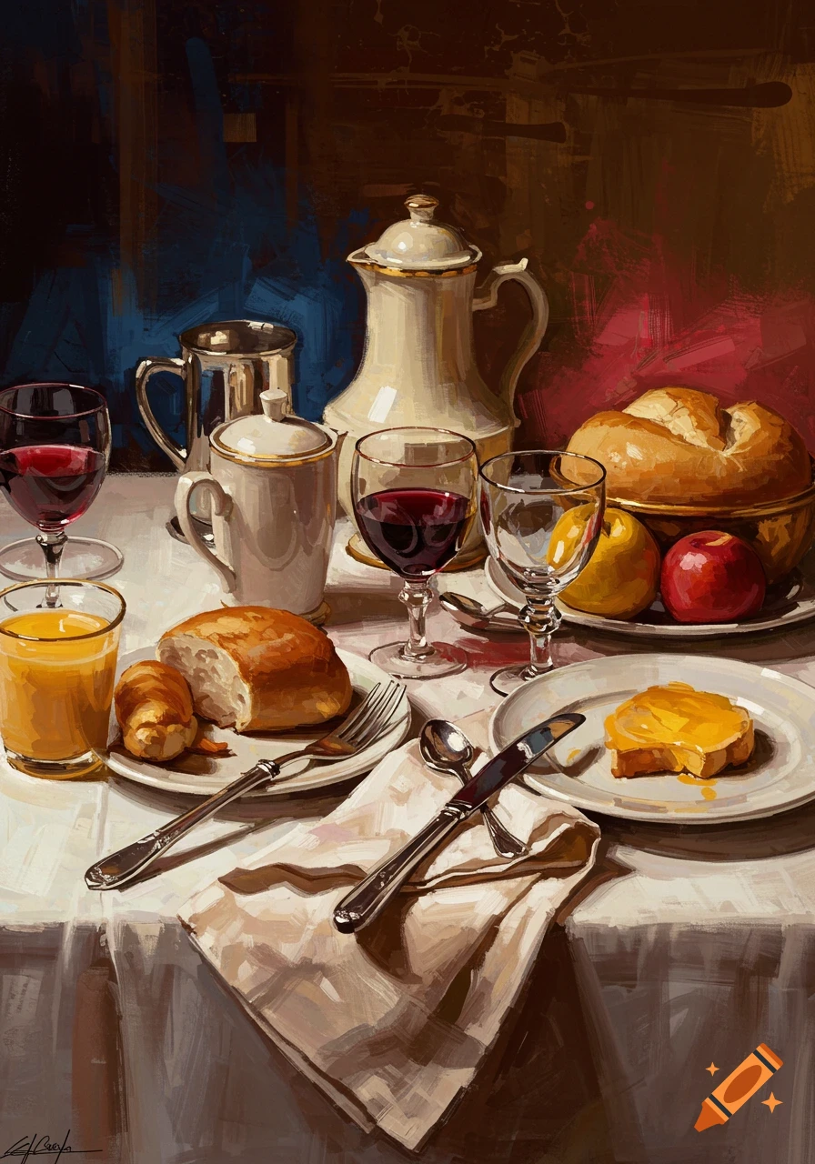 Painterly still life of a breakfast table with bread, croissant, orange juice, wine, fruit, and serving ware on a white tablecloth.
