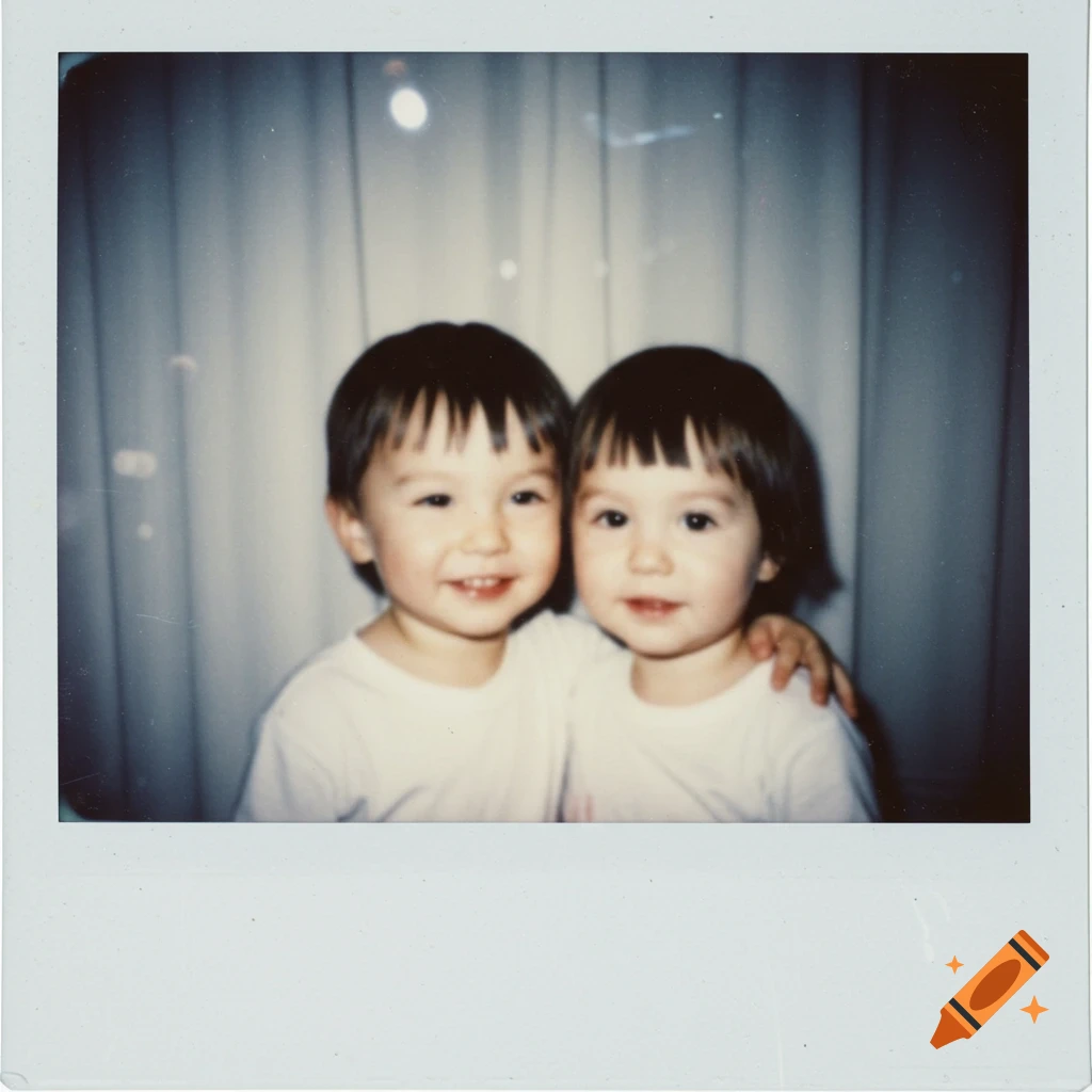 Two young children, one with an arm around the other, smile warmly in a vintage-style Polaroid portrait against a blurred white curtain.