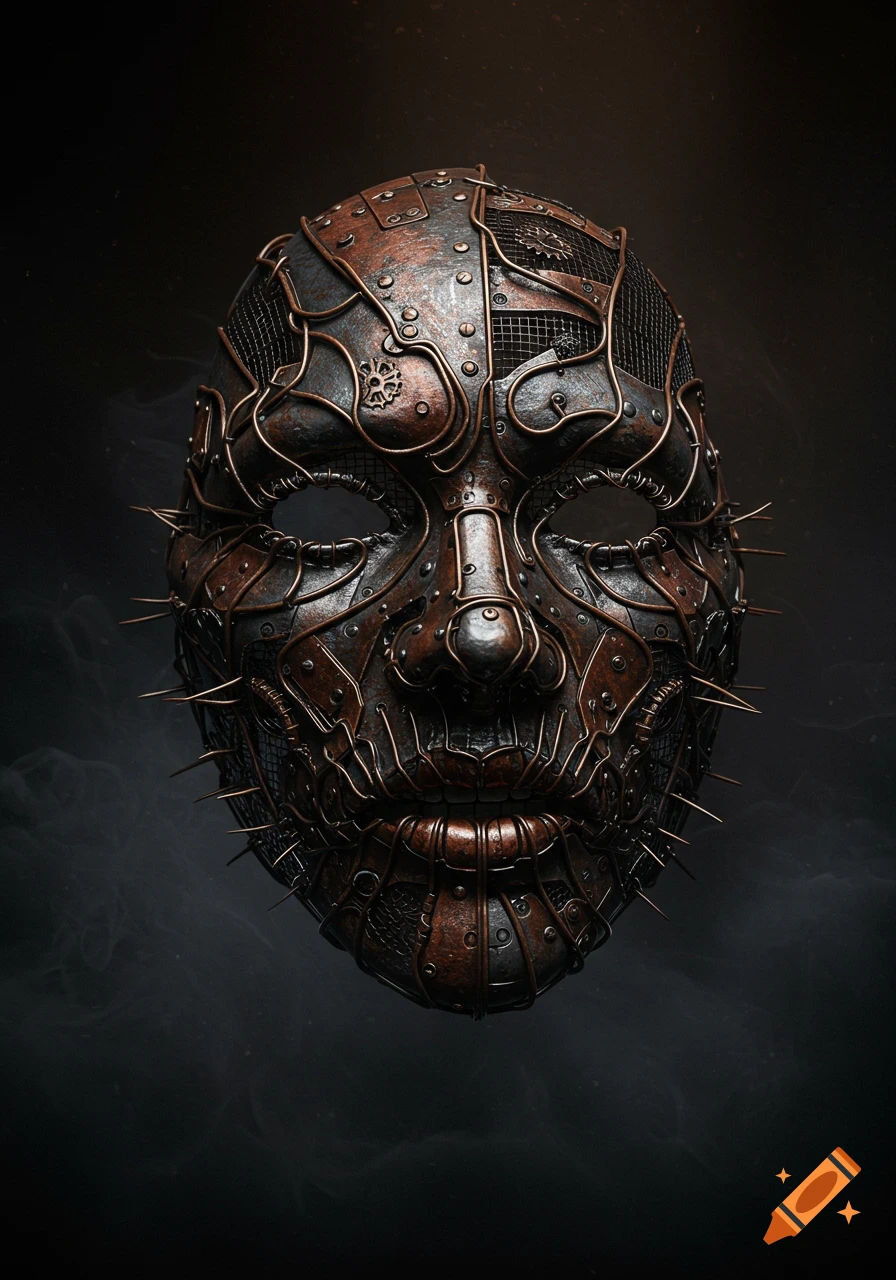 An intricate, dark steampunk mask made of rusted metal, wires, gears, and sharp spikes on a dark background.