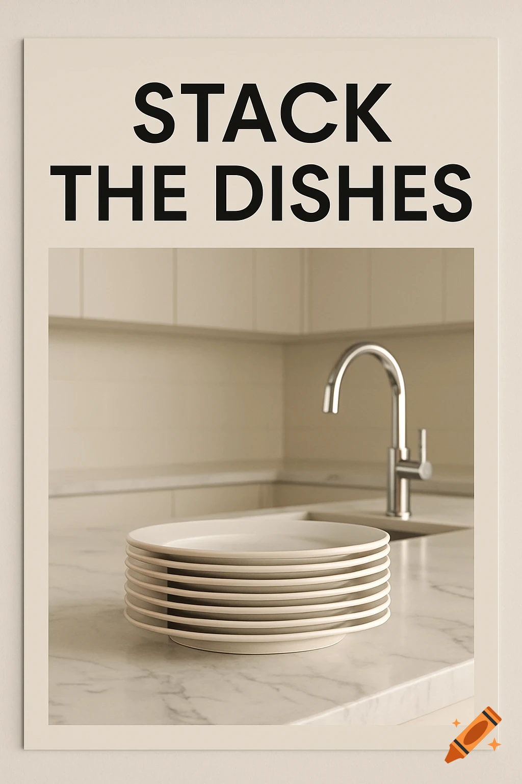A poster with the words 'STACK THE DISHES' above a photorealistic image of white plates neatly stacked on a marble kitchen counter.