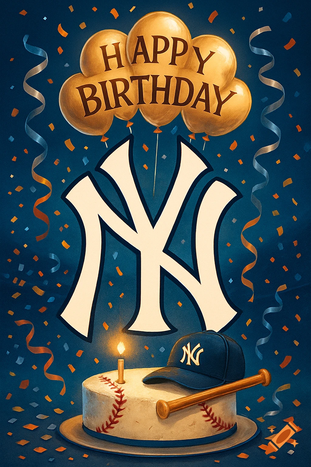 A Yankees baseball birthday illustration with 'HAPPY BIRTHDAY' balloons, a cake, bat, cap, and confetti.