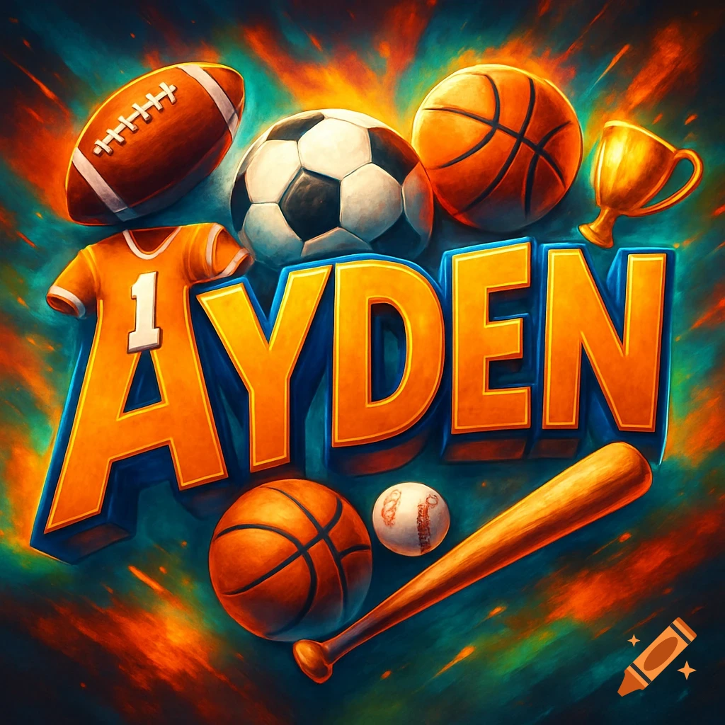 Vibrant illustration of 3D letters spelling 'AYDEN' surrounded by various sports equipment like football, soccer, basketball, and baseball gear.