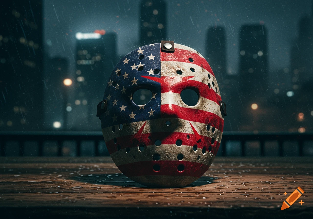 Photorealistic Jason mask with an American flag design on a wet wooden surface, with a blurry rainy city skyline in the background.