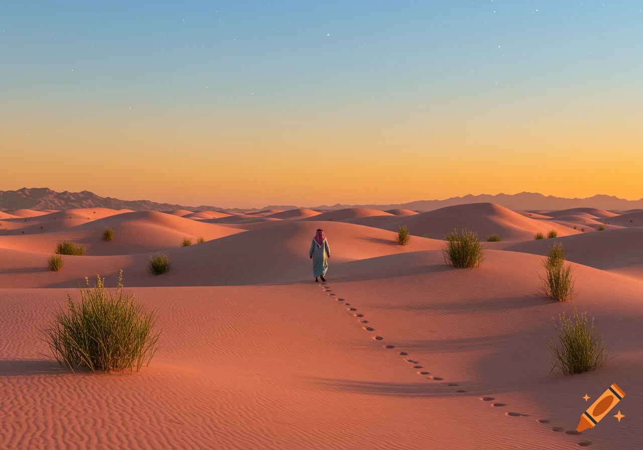 A person in traditional attire walks across pink sand dunes at sunset, leaving footprints in a vast desert landscape.
