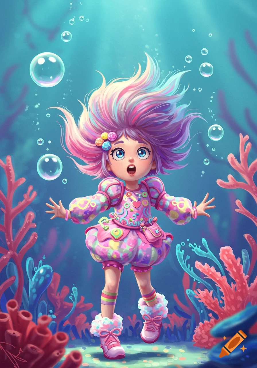 A cute cartoon girl with rainbow hair and a puffy pink outfit floats underwater, surrounded by coral and bubbles.