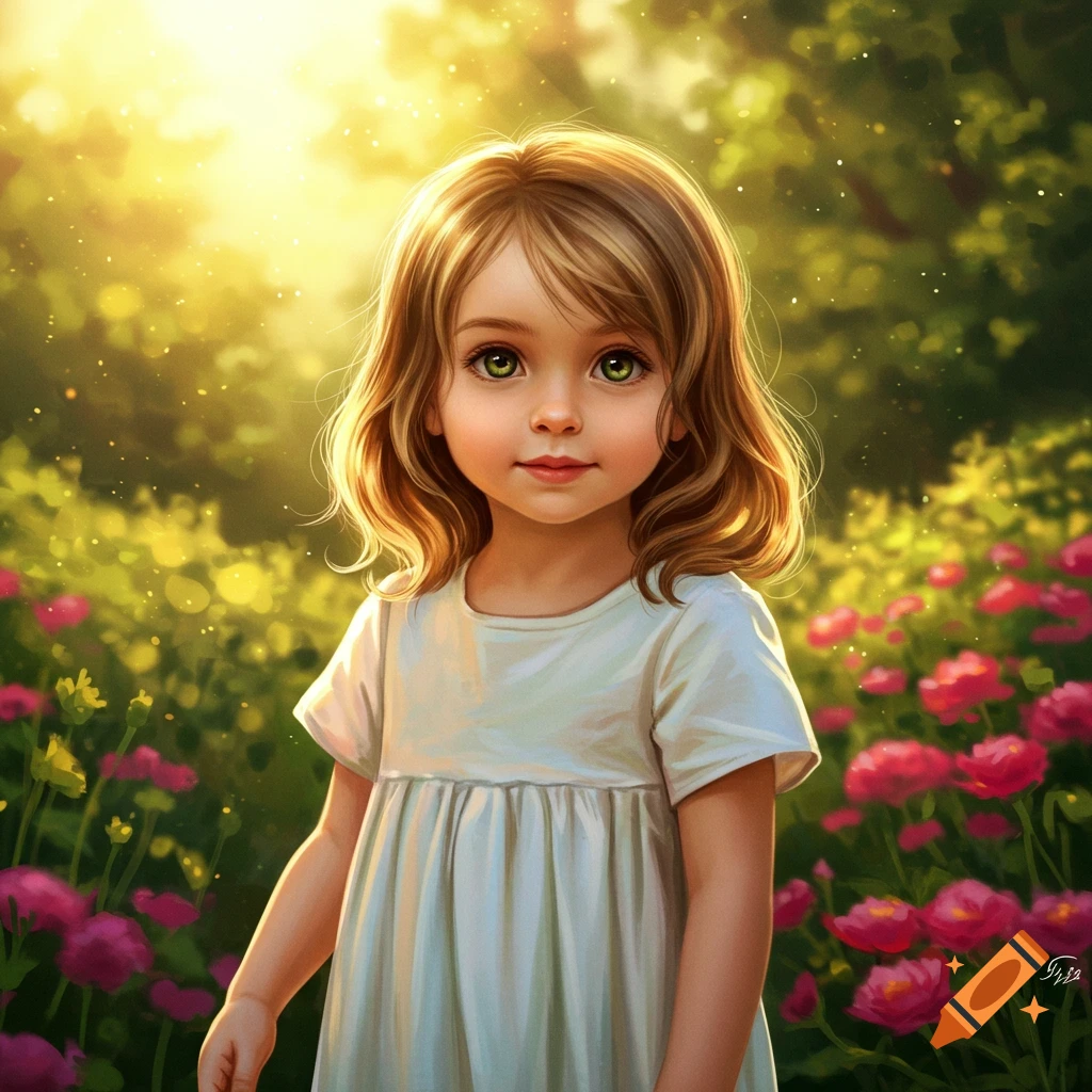 A young girl with blonde hair and green eyes stands in a sunny garden with pink flowers, digital painting.