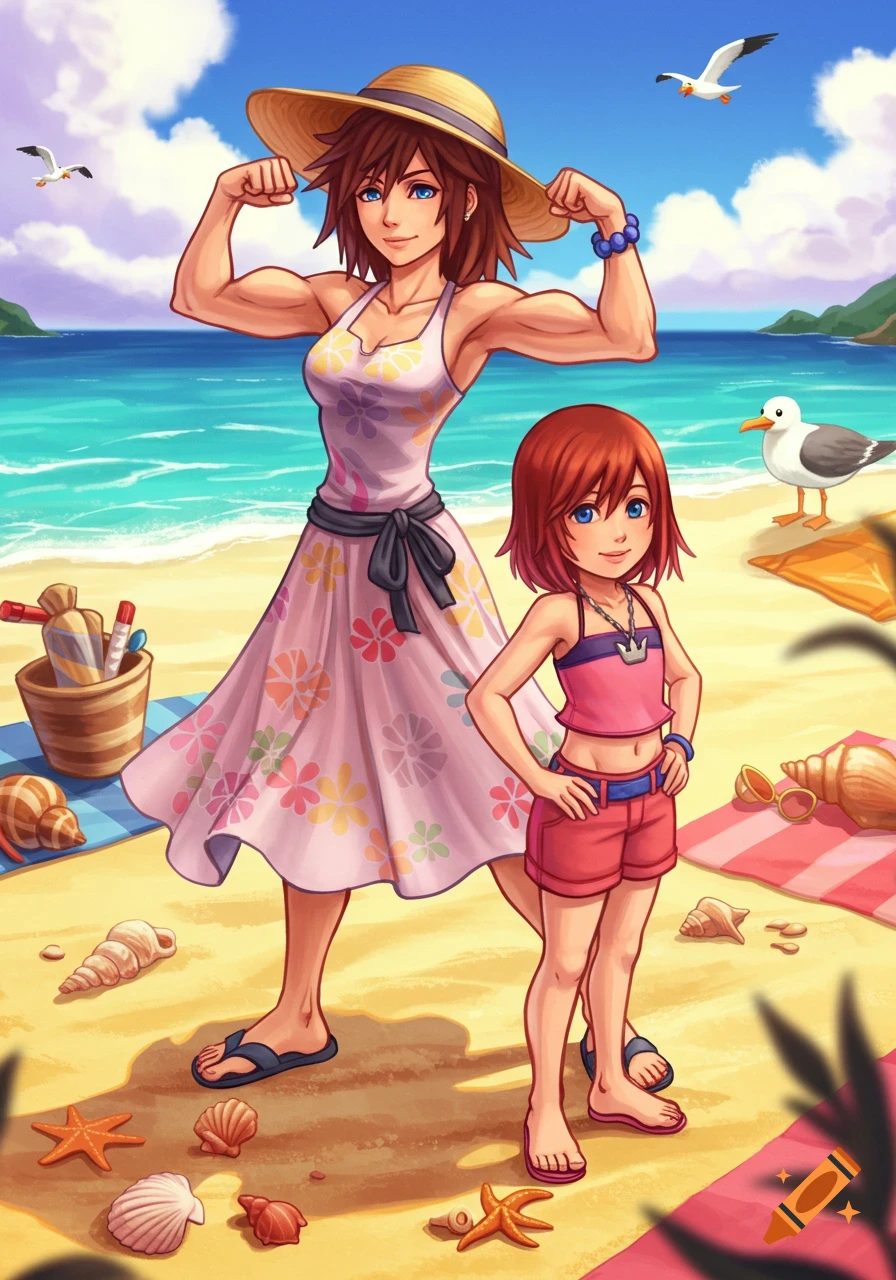 Anime illustration of an adult woman flexing her bicep next to a young girl on a sunny beach with seagulls and seashells.