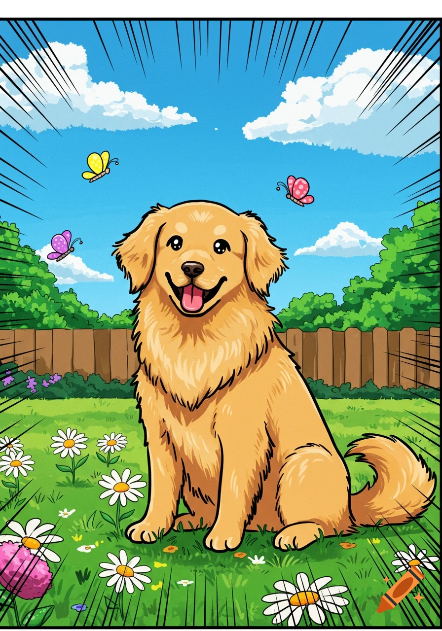 A happy golden retriever sits in a sunny comic art garden with daisies and butterflies.