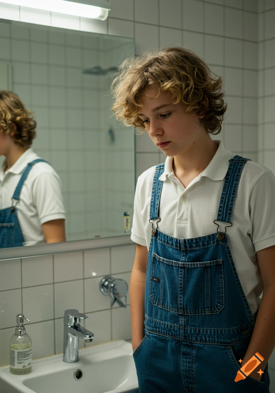 A young boy with curly blonde hair in denim overalls stands in a white tiled bathroom, looking down contemplatively at the sink.