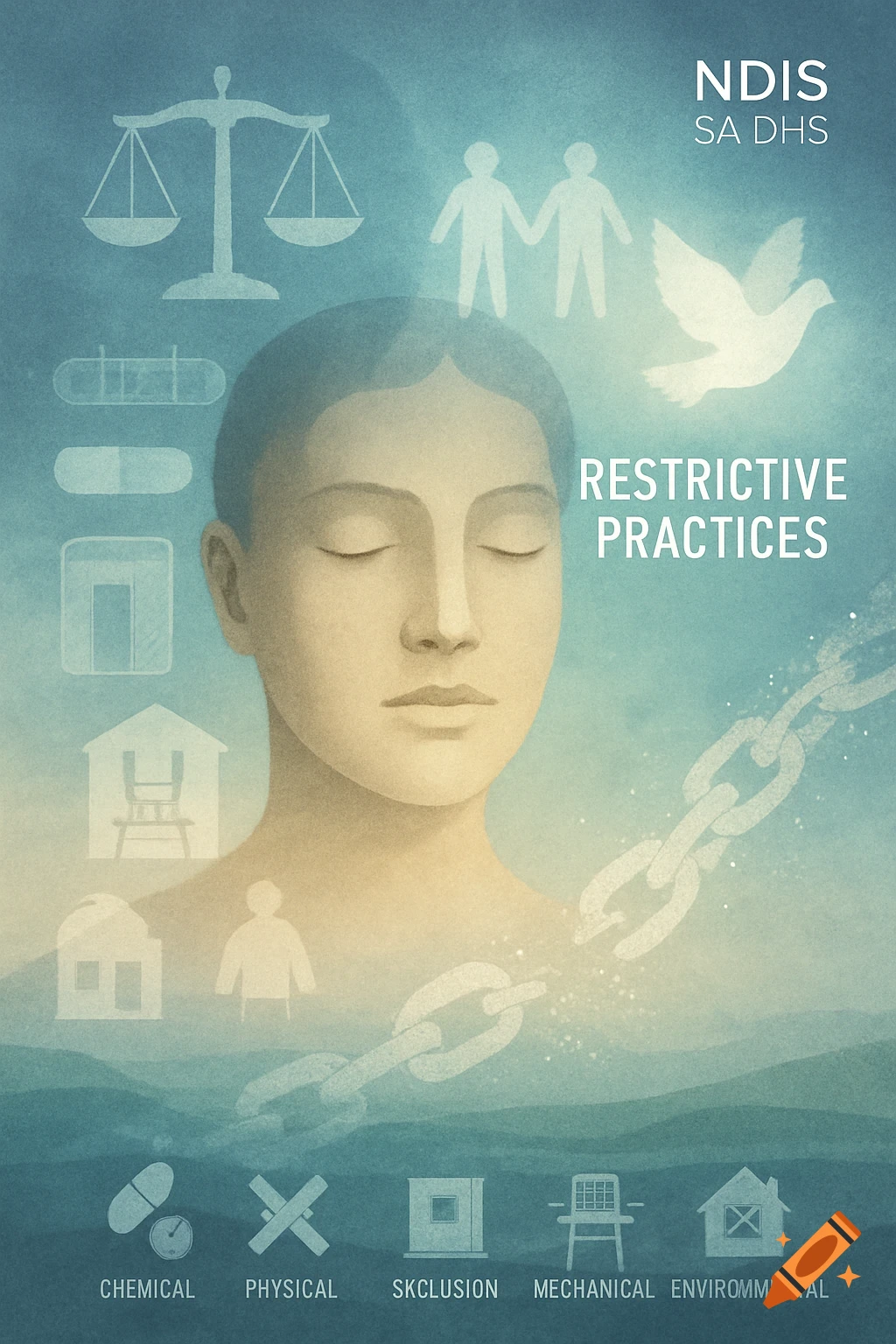 An illustration with a person meditating surrounded by symbols of justice, human connection, a dove, and various restraints, including a broken chain, against a blue textured background. Text includes "NDIS SA DHS," "RESTRICTIVE PRACTICES," and misspelled terms like "SKCLUSION" and "ENVIRONNMENTAL."