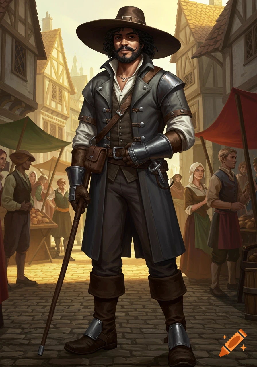 A man in a wide-brimmed hat, long coat, and boots stands in a bustling medieval market town. Digital painting.