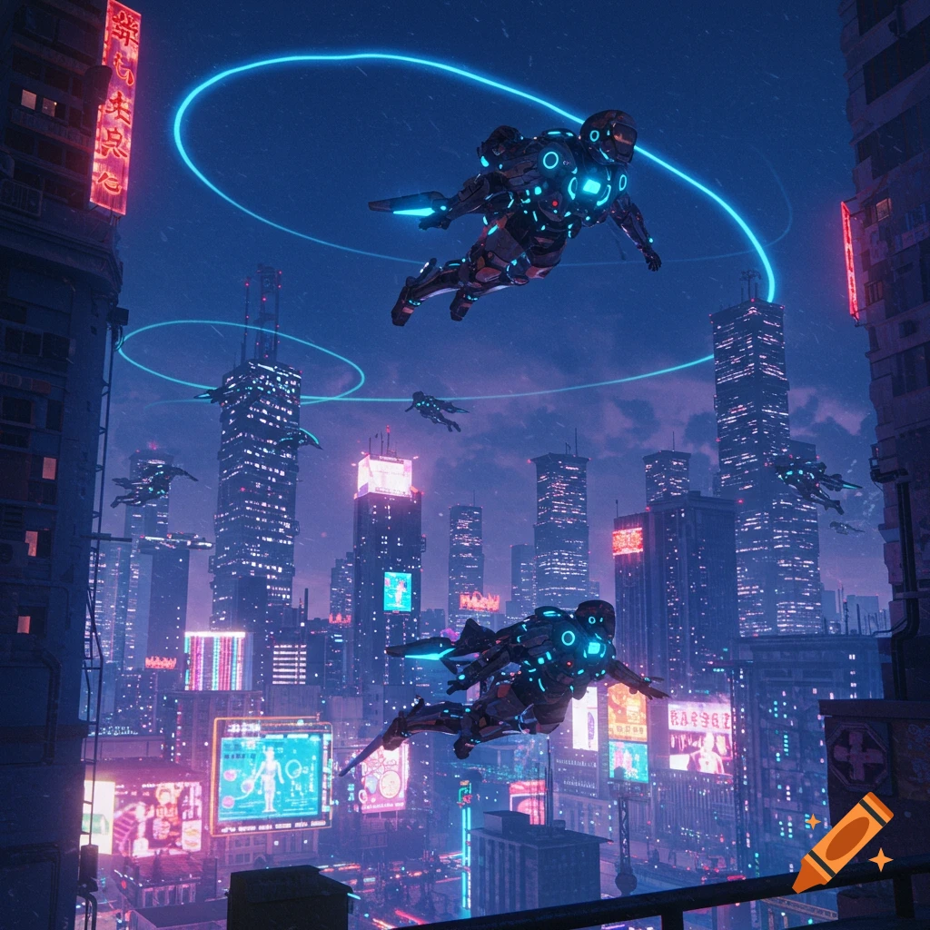 Armored figures fly through a neon-lit, futuristic cyberpunk city at night with towering skyscrapers.