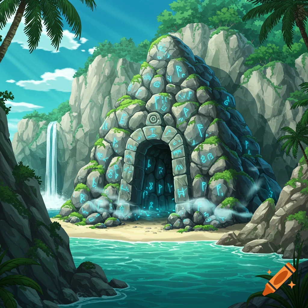 An anime-style fantasy island landscape with a waterfall and a glowing rune-covered cave entrance on a sandy beach.
