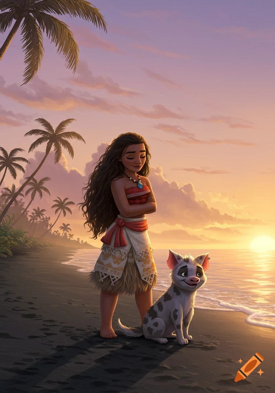 Animated Moana-like character and pig on a black sand beach at sunset with palm trees.