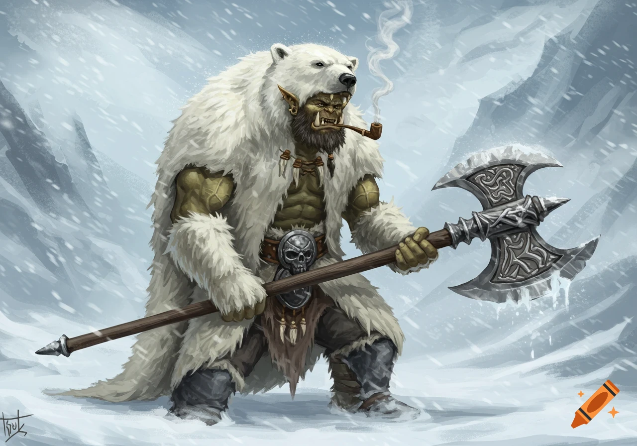 A lean orc wearing a polar bear pelt, smoking a pipe and holding a large double-bladed axe in a snowstorm.