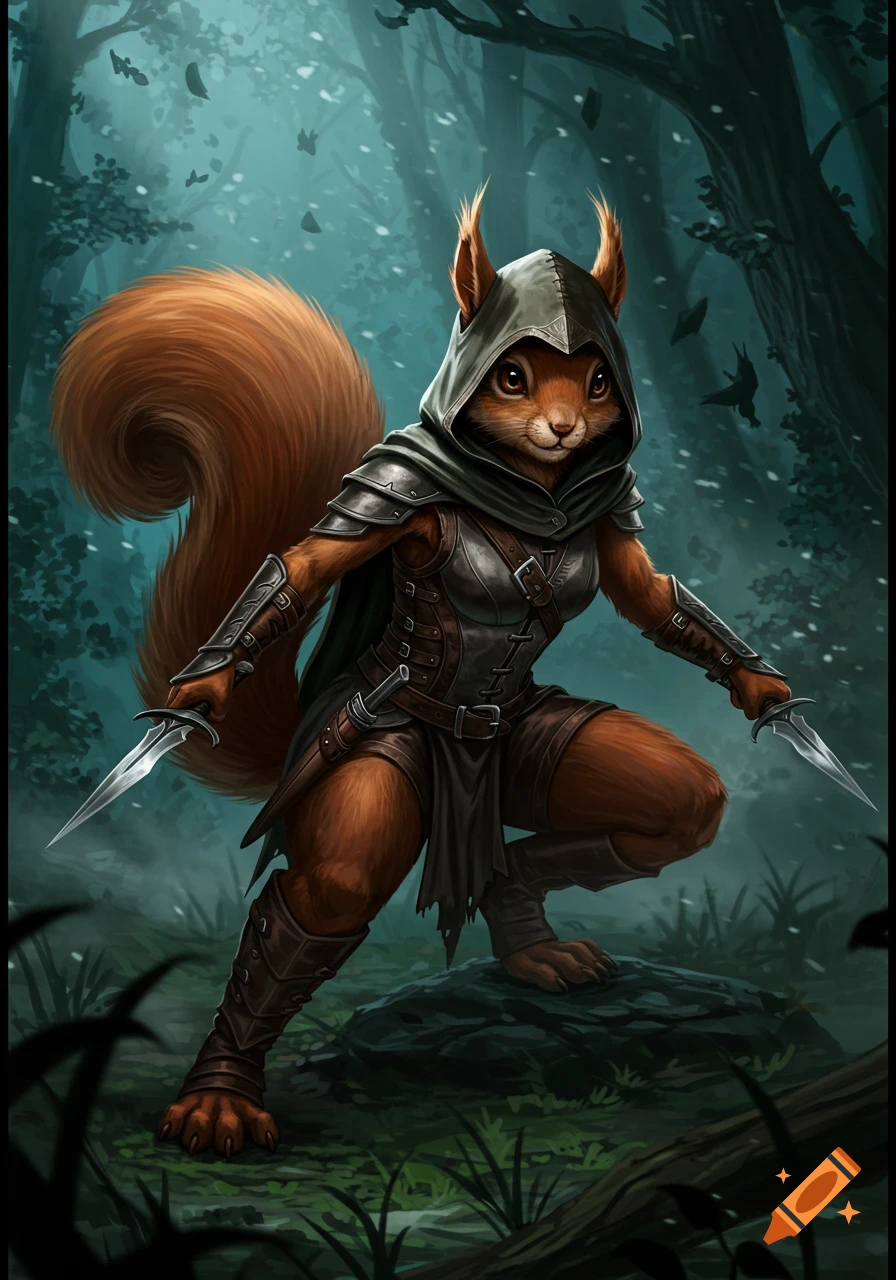 An anthropomorphic squirrel assassin in a hooded cloak holds two daggers, crouching in a dark fantasy forest.