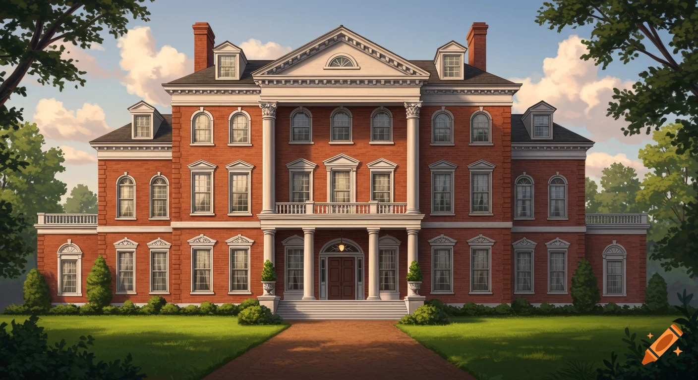A grand red brick Federal-style mansion with white columns, a long driveway, and a lush green lawn under a partly cloudy sky.