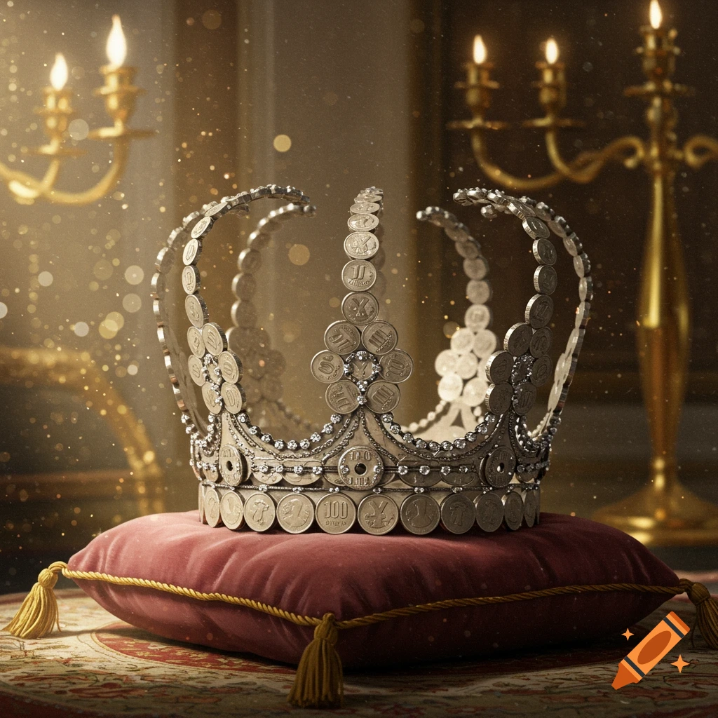 A photorealistic silver crown made of Japanese Yen coins and jewels, on a red velvet pillow with candelabras in background.