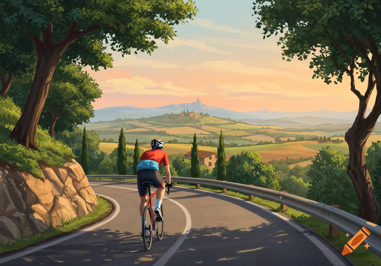 A cyclist rides down a winding road through a picturesque, hilly Tuscan landscape at sunset in an illustrative style.