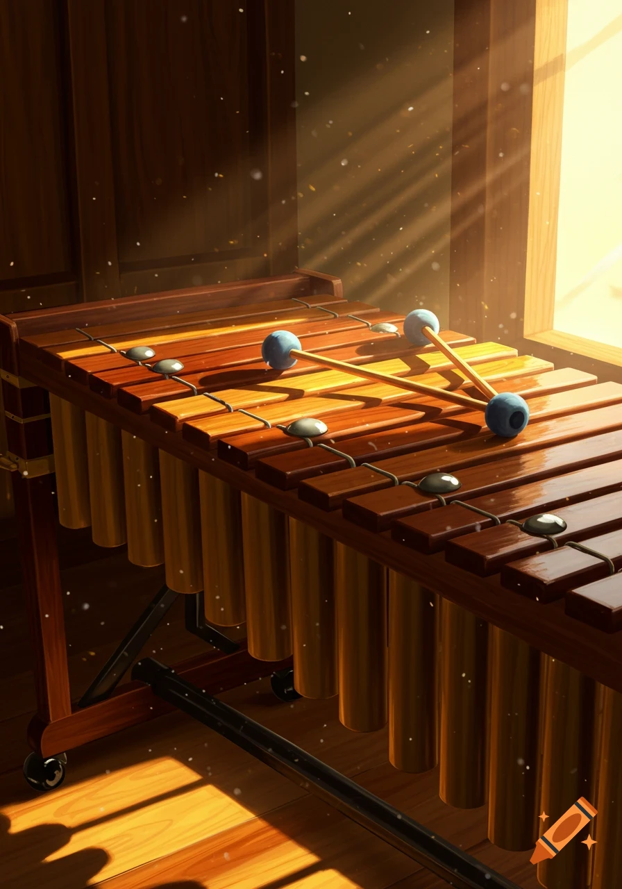 Realistic illustration of a wooden xylophone with mallets in a sunlit room, with dust motes in the light.