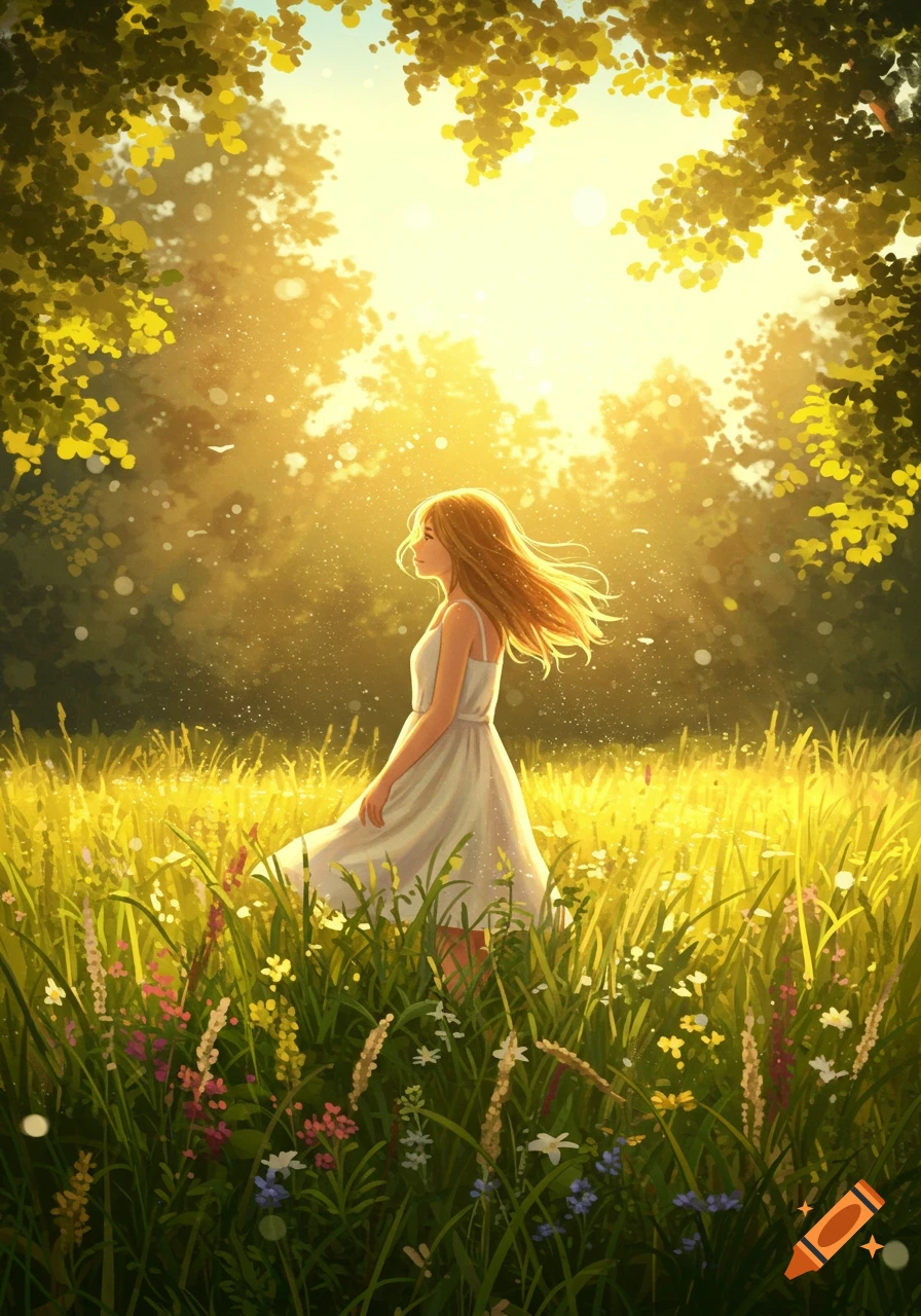 An anime-style girl in a white dress stands in a sunlit golden field with wildflowers and trees.