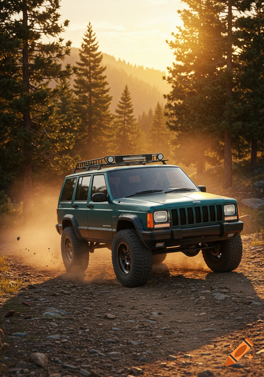 Green Jeep SUV kicking up dust on a dirt road through a pine forest at golden hour, photorealistic.
