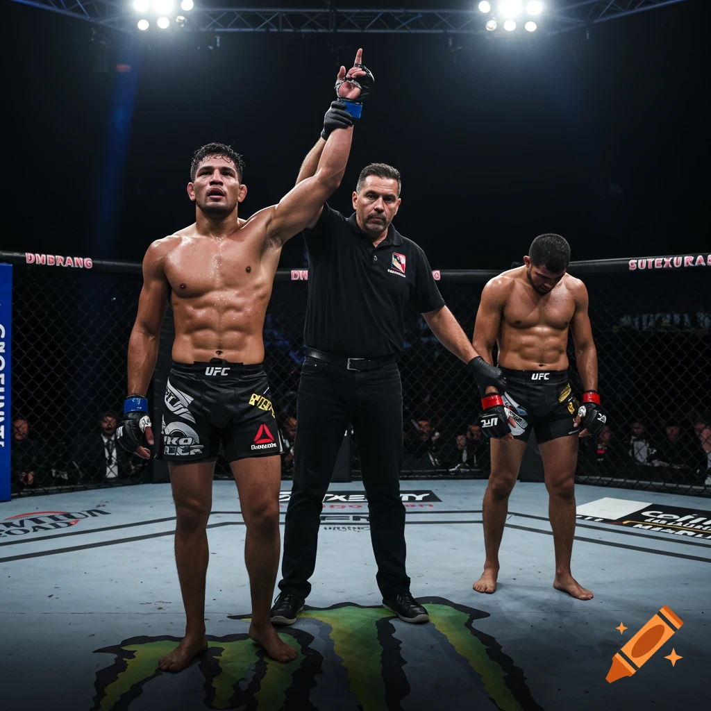 A muscular fighter raises his arm in victory in a UFC octagon, with a referee holding his hand and another fighter standing dejectedly nearby. Photorealistic style.