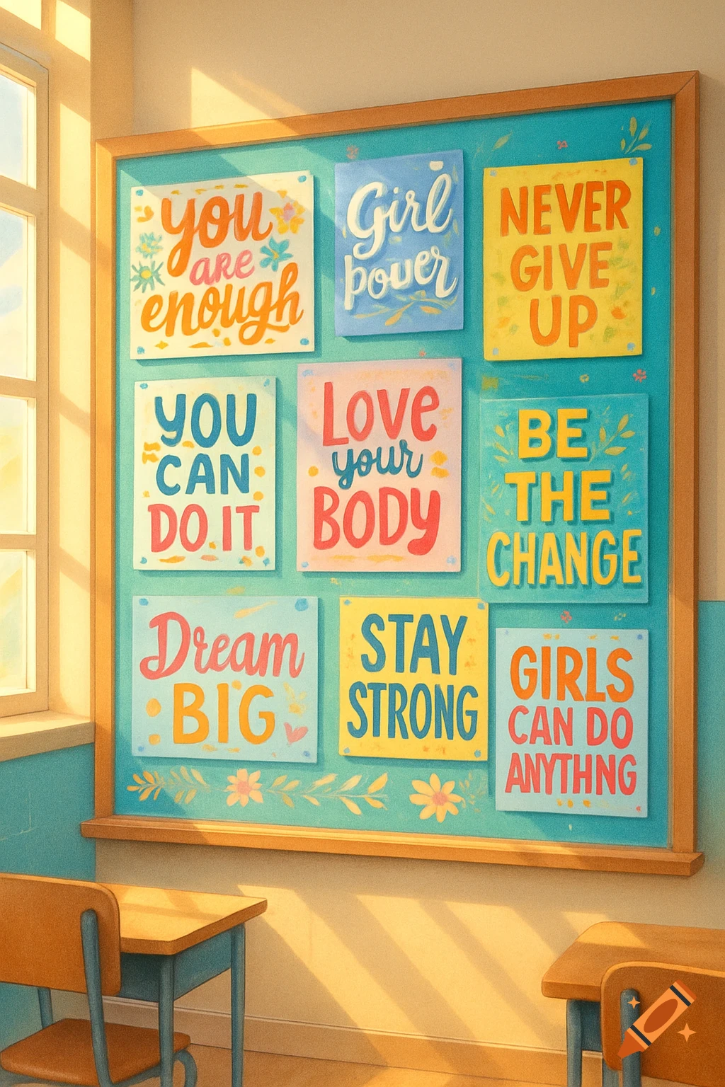 A sunlit classroom with a bulletin board featuring colorful motivational posters, including "you are enough" and "Girl power." Desks are in the foreground.