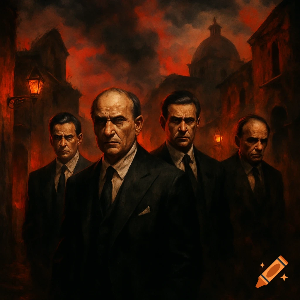 Four stern men in dark suits stand in a dramatic, red-skied alleyway with old buildings, in a painterly style.