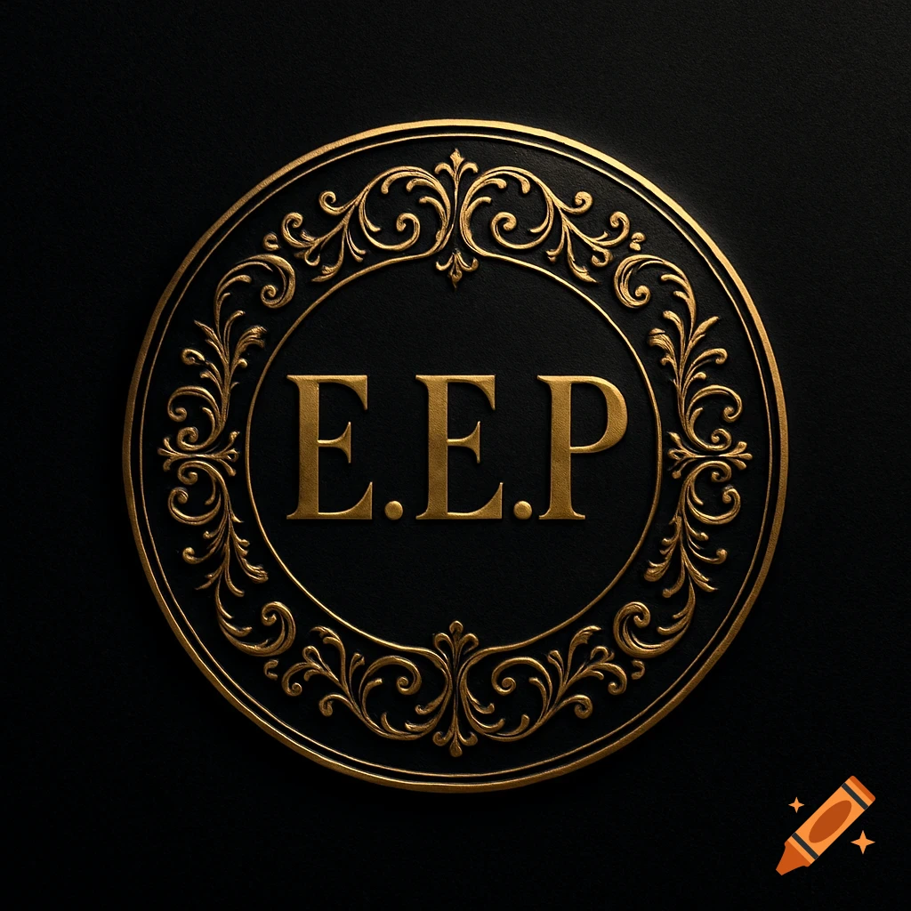 A golden emblem with the letters E.E.P surrounded by ornate swirling patterns on a black background.
