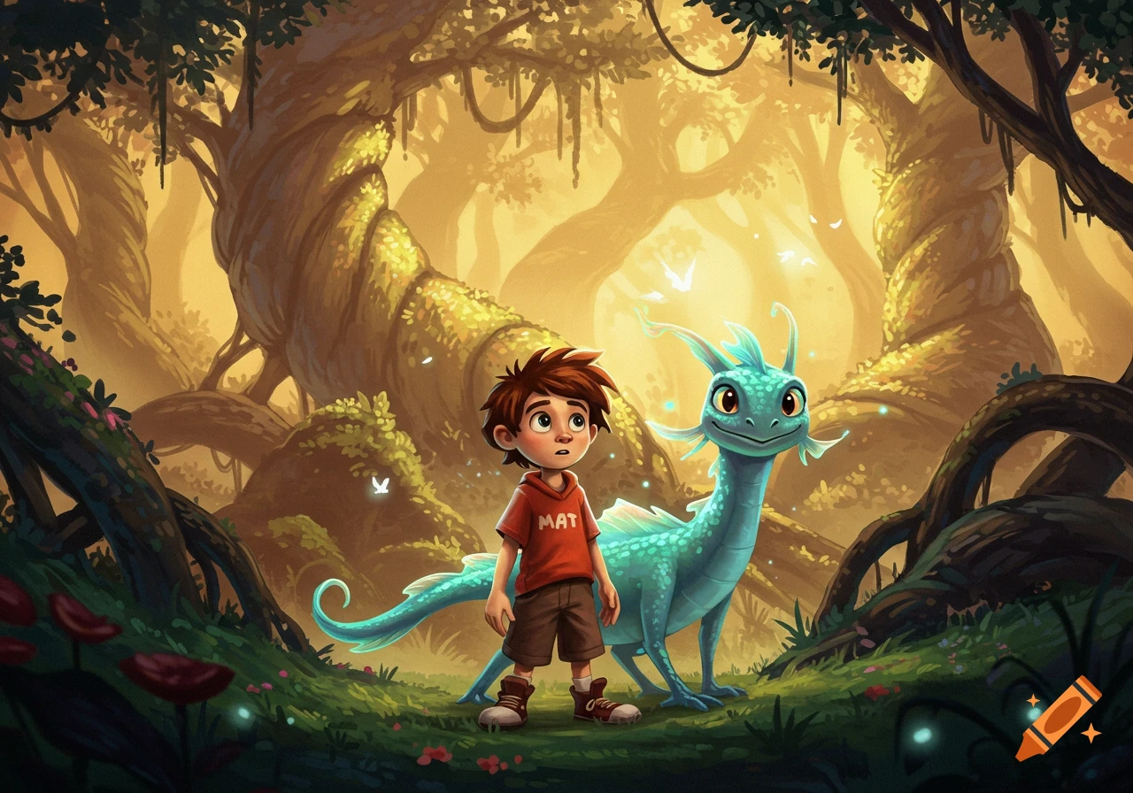 A boy with brown hair in a red "MAT" shirt and shorts stands next to a smiling, turquoise bipedal dragon in a vibrant, sunlit fantasy forest.