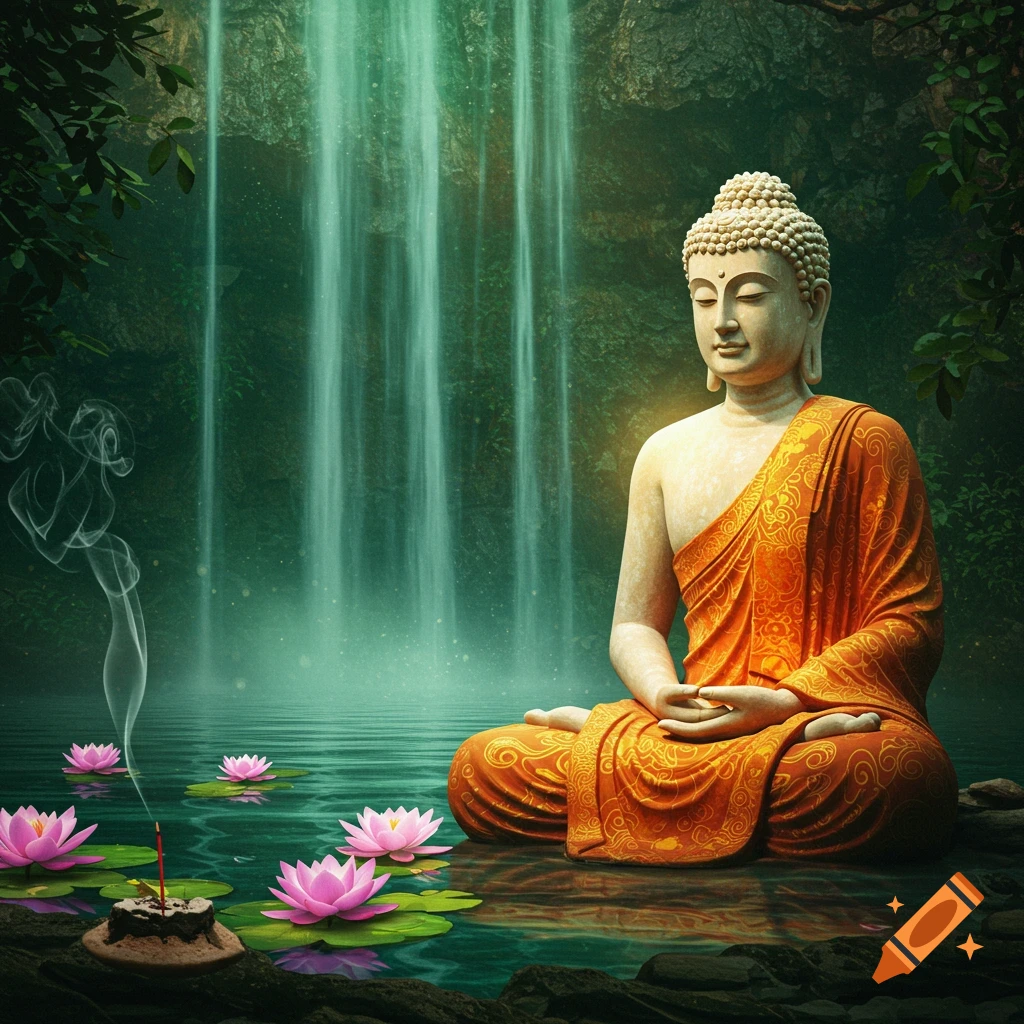 A Buddha statue meditating by a lush waterfall, surrounded by pink lotus flowers and smoking incense, in a tranquil setting.